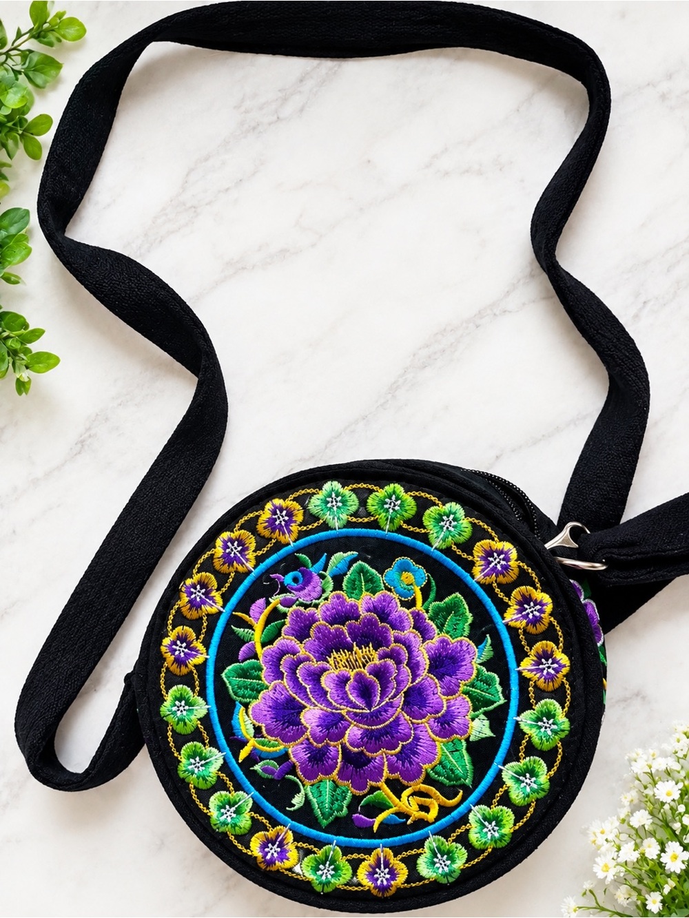 Black Embroidered Round Crossbody Bag with Purple Floral Design